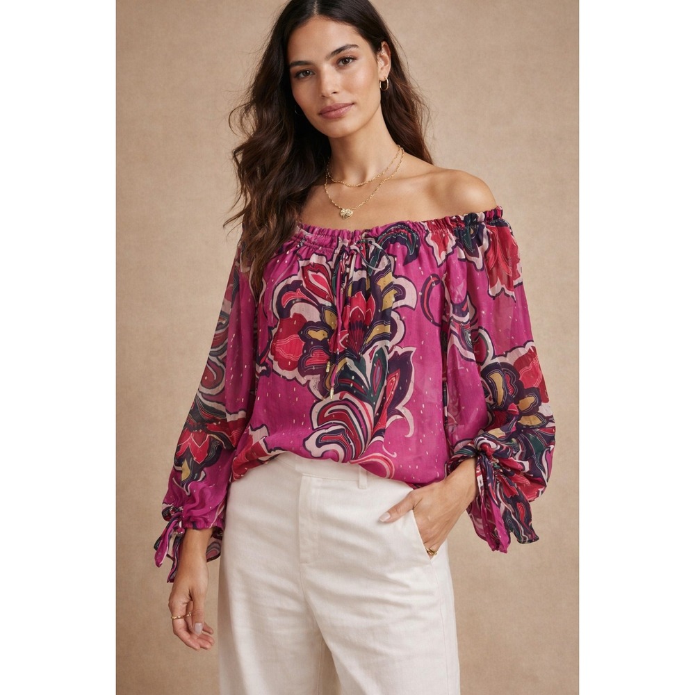 Trina Turk Silk Metallic Floral Off Shoulder Blouse Pink Size Small